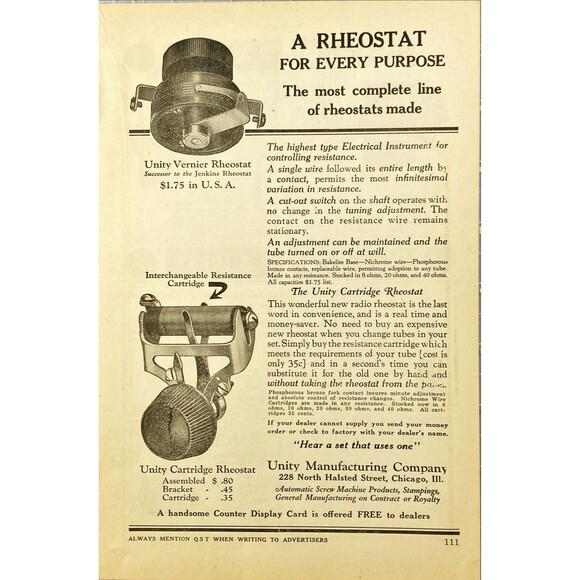 Unity Manufacturing Co. Cartridge Rheostat "For Every Purpose" Vtg Print Ad 1923 - Picture 1 of 3